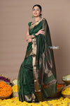 Rajsi~Handloom Ari Checks Cotton Silk Saree with Golden Border~Dark Green