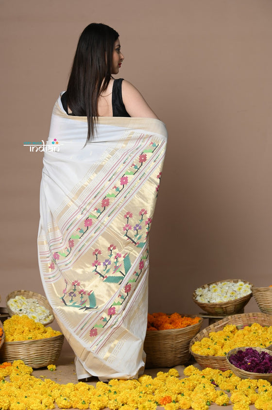 Shop Handloom Pure Cotton Paithani With Asawali Pallu~ Off White Golden