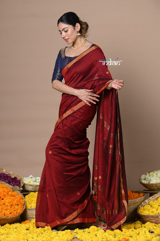 Designed by VMI - High Quality Mul Cotton Handloom Woven with Sleek Border and Flower Buttis~Maroon