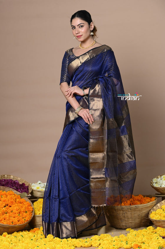 Rajsi~Handloom Ari Checks Cotton Silk Saree with Golden Border~Dark Blue