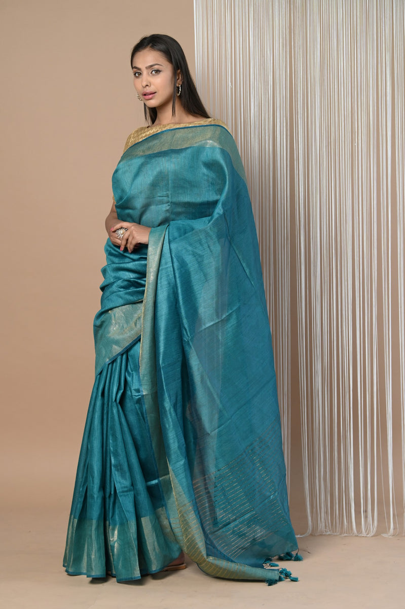 Sunshine & Amethyst Bloom Ivory Pure Tussar Munga Silk Saree with Scalloped beaded Border Saree