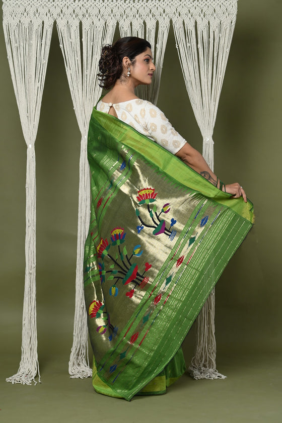 Best EXCLUSIVE! Handloom Pure Cotton Paithani With Peacock Pallu~Blade Green