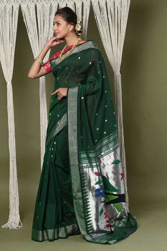 EXCLUSIVE! Silver Zari Handloom Pure Cotton Paithani With Parrot Pallu~ Forest Green