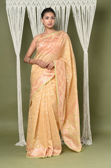  Exclusive High Quality Handloom Banarasi Cotton Saree with Beautiful Abstract Print ~ Yellow