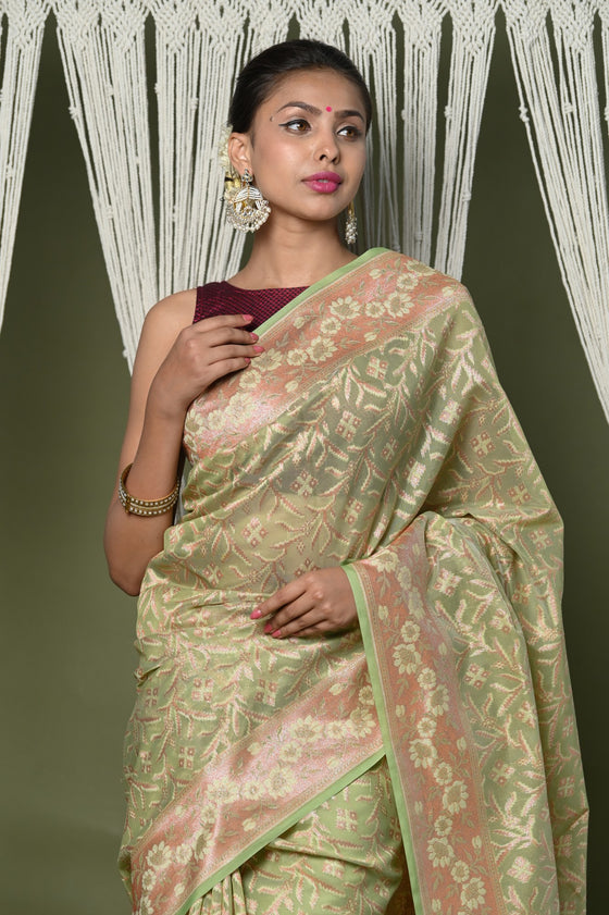 Exclusive High Quality Handloom Banarasi Cotton Saree with Beautiful Abstract Print - Light Green