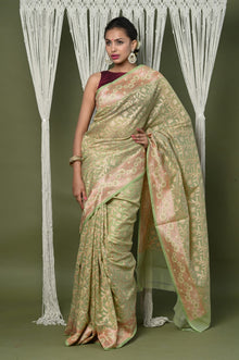  Exclusive High Quality Handloom Banarasi Cotton Saree with Beautiful Abstract Print - Light Green