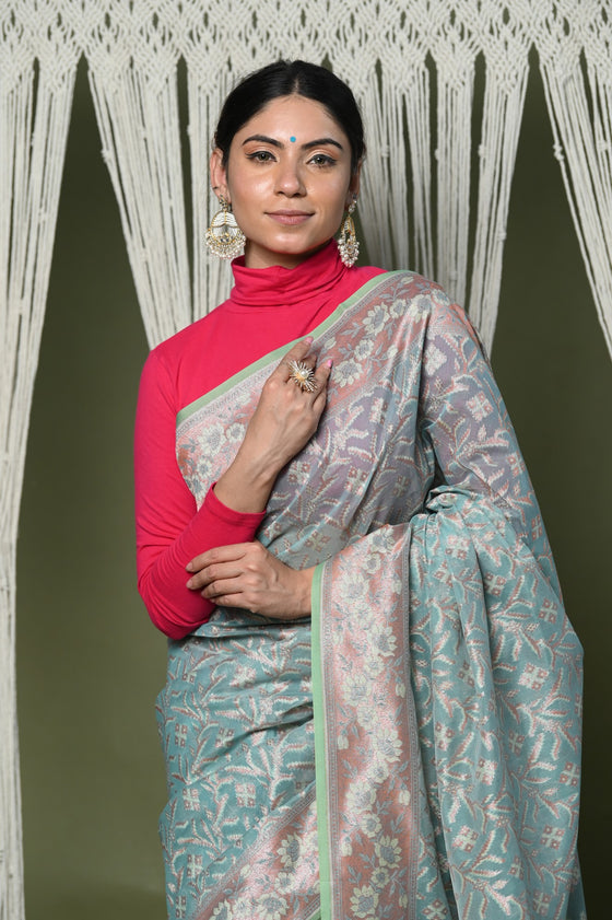 Exclusive High Quality Handloom Banarasi Cotton Saree with Beautiful Abstract Print ~ Sky Blue