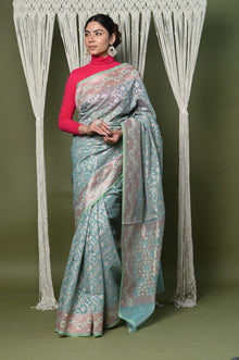  Exclusive High Quality Handloom Banarasi Cotton Saree with Beautiful Abstract Print ~ Sky Blue