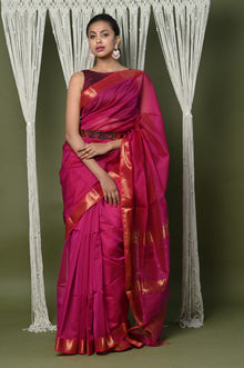  Handloom Cotton Silk Saree With Sleek Golden Border~ Crimson