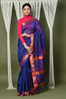  Handloom Cotton Silk Saree With Sleek Golden Border ~ dark blue