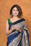 Designed By VMI~ Handloom Pure Tussar Silk Saree With Beautiful Madhubani Print~ Blue