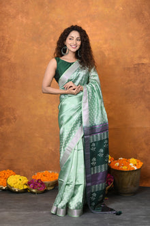  Designed By VMI~ Handloom Pure Organic Banana Silk Saree with Allover Handblock Print ~Fern Green