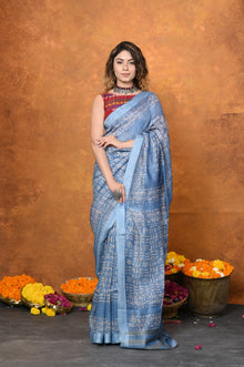  Designed By VMI~ Handloom Pure Organic Natural Linen Silk Saree with Allover Handblock Print ~ Powder Blue