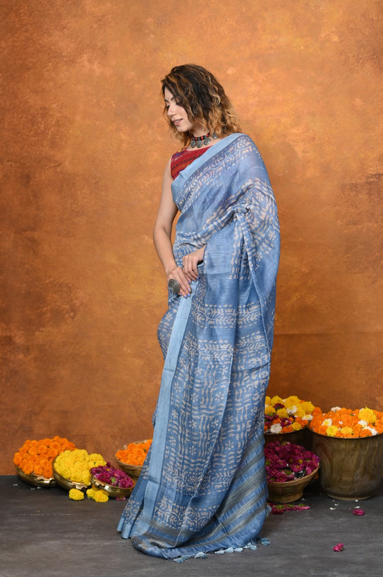 Designed By VMI~ Handloom Pure Organic Natural Linen Silk Saree with Allover Handblock Print ~ Powder Blue