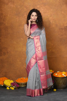  Handloom Cotton Silk Saree With Ari Checks & Sleek Golden Border~Grey