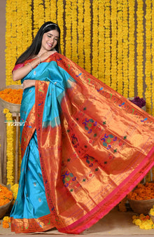 EXCLUSIVE!Handloom High Quality Pure Silk Paithani With Most Traditional Zari Border~ Feroze Blue and Zari