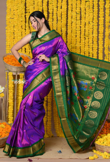  Rajsi~ Handloom Pure Silk Maharani Paithani With Handcrafted Maharani Pallu~ Purple Green