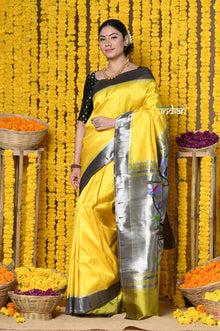   Handloom Pure Silk Muniya Border Saree WIth Silver Zari Stripes in Yellow