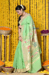 Handloom Pure Cotton Muniya Border Saree WIth Handcrafted Floral Pallu in Sea Green