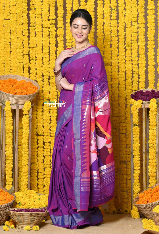 Buy Pure Cotton Paithani With Radha Krishna Pallu~Dual Tone Purple