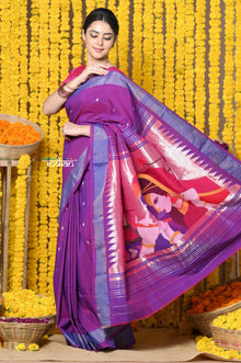  Pure Cotton Paithani With Radha Krishna Pallu~Dual Tone Purple