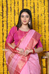 Rajsi~Handloom Ari Checks Cotton Silk Saree with Golden Border in Pink