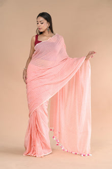  Designer Pure Cotton Sarees with All over Linear Stripes ~ Peach