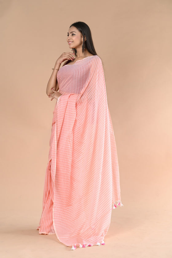 Designer Pure Cotton Sarees with All over Linear Stripes ~Peach