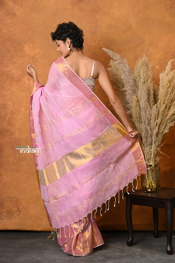 Mastaani ~ Handloom Pure Cotton Linen Saree With Golden Border - Pink