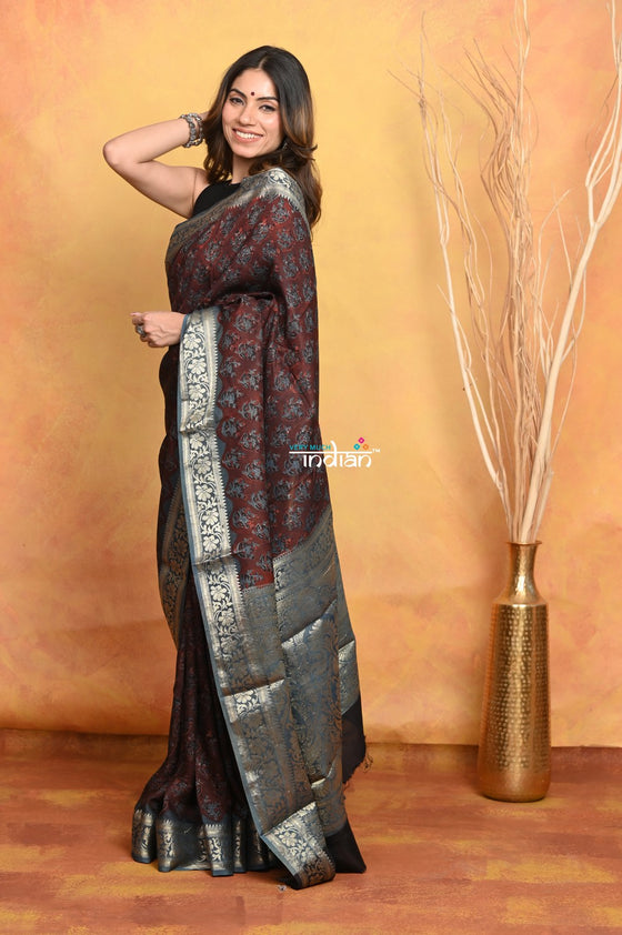 Mastaani ~ Modal Silk Ajrakh Handblock Printed Natural Dyes With Designer Border - Dark Maroon