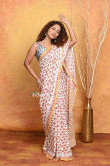 Mastaani ~ Handblock Printed Cotton Saree With Natural Dyes - White Peach