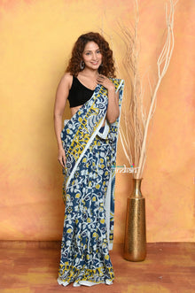  Mastaani ~ Handblock Printed Cotton Saree With Natural Dyes - Leaf Printed