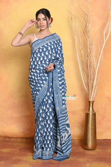  Mastaani ~ Handblock Printed Cotton Saree With Natural Dyes - Blue