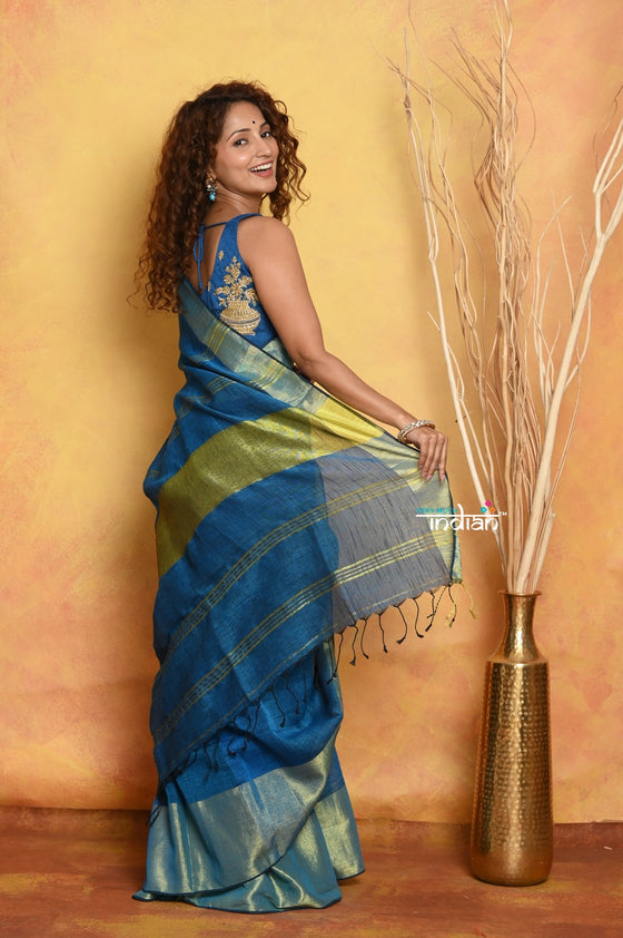 Mastaani ~ Handloom Pure Cotton Linen Saree With Golden Border - Blue