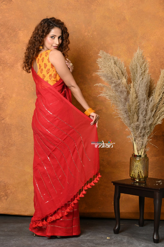 Mastaani ~ Designer Mul Cotton Handloom Saree with Sequins - Red