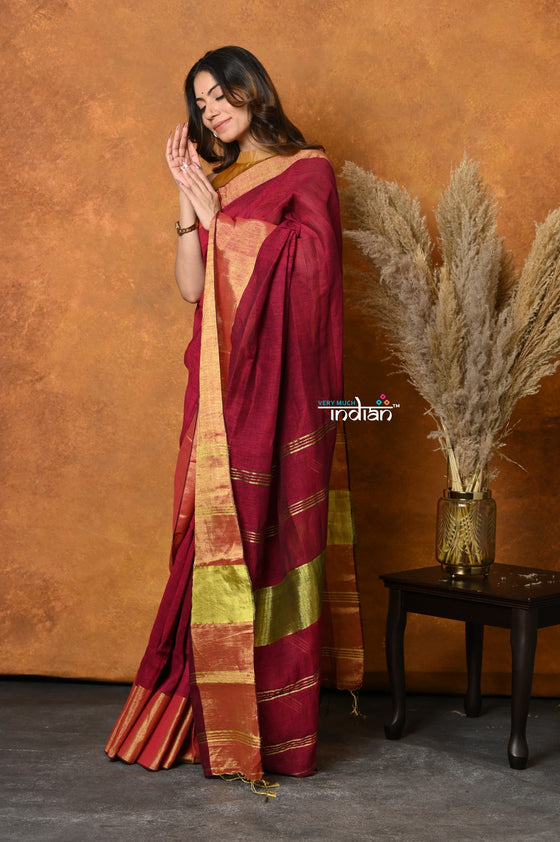 Mastaani ~ Handloom Pure Cotton Linen Saree With Golden Border - Maroon