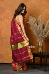 Mastaani ~ Handloom Pure Cotton Linen Saree With Golden Border - Maroon