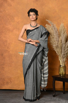  Mastaani ~ Pure Cotton Handloom Saree with Buttis & Sleek Border - Grey
