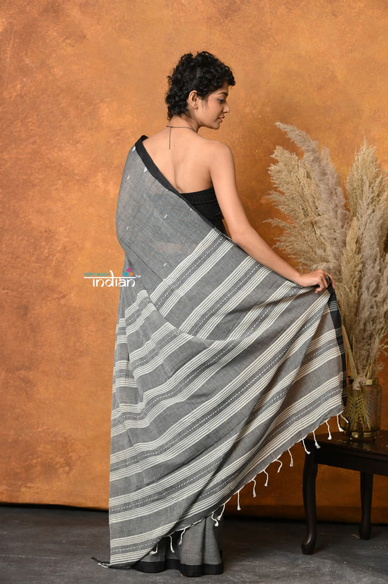 Mastaani ~ Pure Cotton Handloom Saree with Buttis & Sleek Border - Grey
