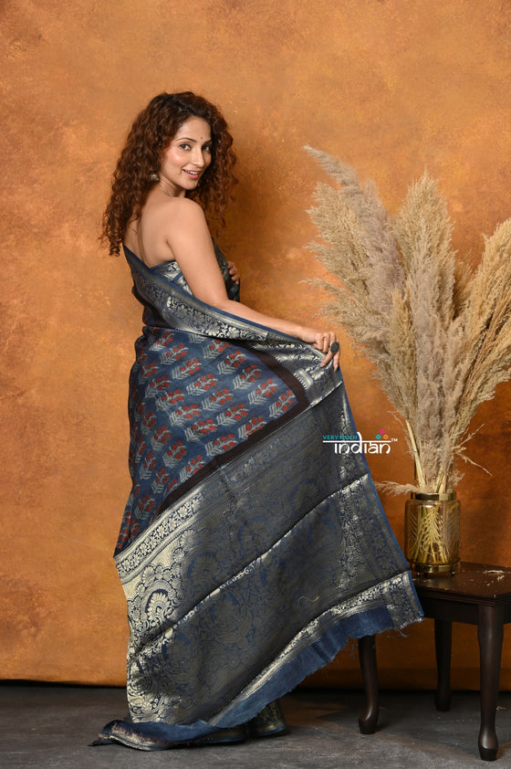 Mastaani ~ Modal Silk Ajrakh Handblock Printed Natural Dyes With Designer Border - Blue