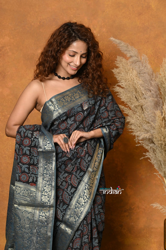 Mastaani ~ Modal Silk Ajrakh Handblock Printed Natural Dyes With Designer Border - Black