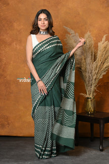  Mastaani ~ Handblock Printed Cotton Saree With Natural Dyes - Leaf Green