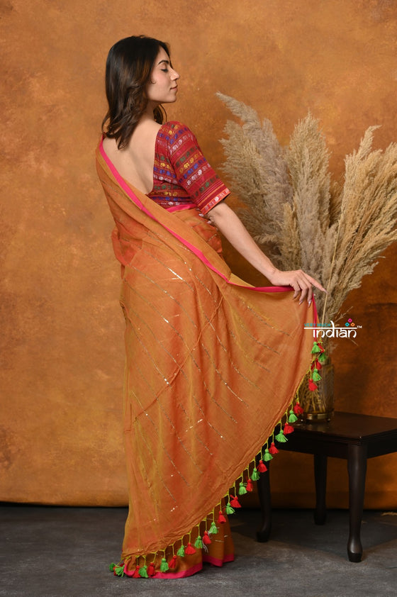 Mastaani ~ Designer Mul Cotton Handloom Saree with Sequins - Orange
