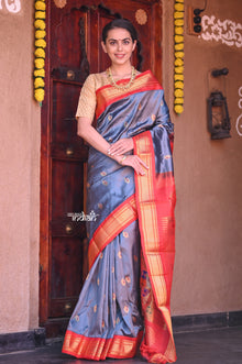  Rajsi Unique Color ~ Traditional Handloom Pure Silk Maharani Paithani - Grey with Red Border, Peacock Buttis with Meena Work