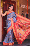 Rajsi Unique Color ~ Traditional Handloom Pure Silk Maharani Paithani - Grey with Red Border, Peacock Buttis with Meena Work