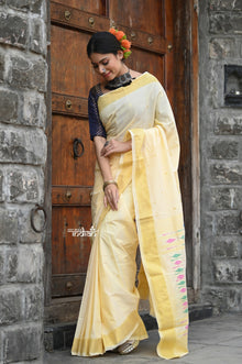  Raaga~ Traditional Handloom Pure Cotton Pastel Yellow Paithani with Traditional Pallu
