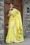 Best Traditional Handloom Pure Cotton Fresh Yellow Paithani with Parrots Pallu
