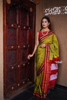  Handloom Cotton Viscose Ilkal Saree with Pure Resham Pallu – Bright Green Shade with Red Border