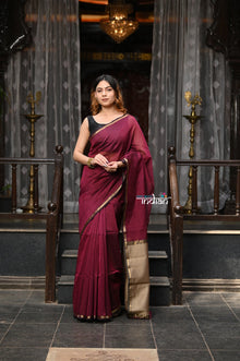  VMI Exclusive Designer! Handloom Cotton Silk Saree With Sleek Golden Border~Maroon Shade