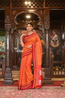  Handloom Cotton Viscose Ilkal Saree With Pure Resham Pallu – Bright Orange With Red Border
